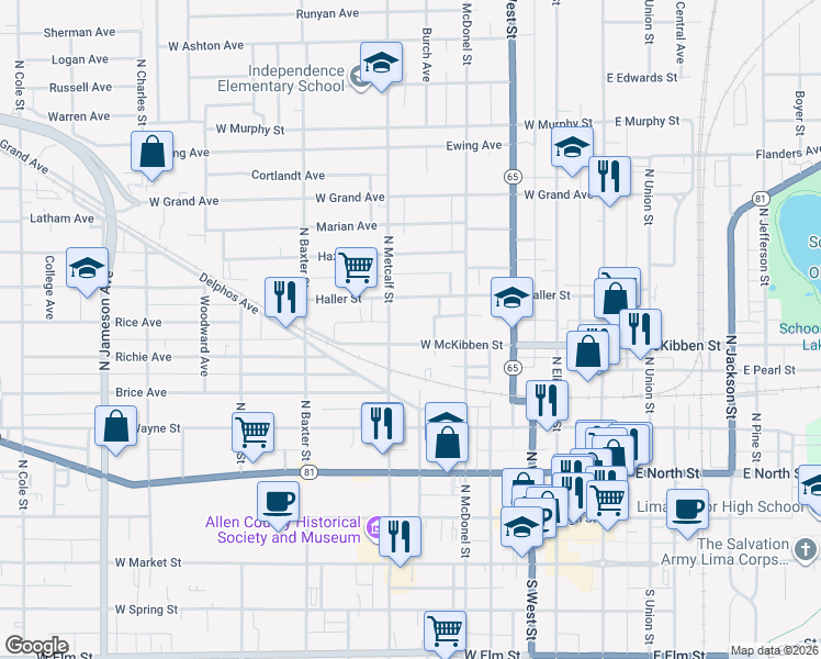 map of restaurants, bars, coffee shops, grocery stores, and more near 453 Haller Street in Lima