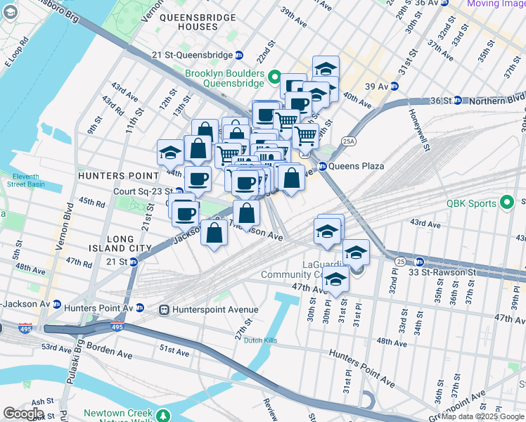 map of restaurants, bars, coffee shops, grocery stores, and more near 44-19 Purves Street in Queens