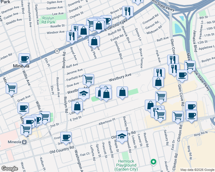 map of restaurants, bars, coffee shops, grocery stores, and more near 161 Westbury Avenue in Mineola