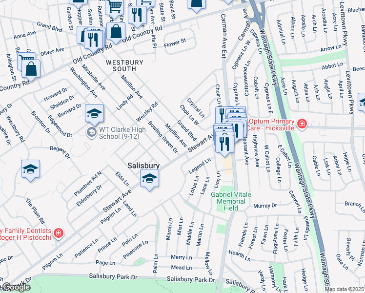 map of restaurants, bars, coffee shops, grocery stores, and more near 805 Merillon Avenue in Westbury
