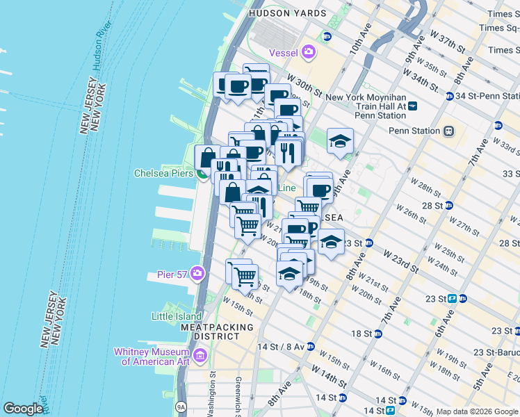map of restaurants, bars, coffee shops, grocery stores, and more near in New York