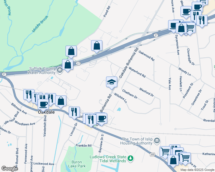 map of restaurants, bars, coffee shops, grocery stores, and more near 60 Oakdale-Bohemia Road in Oakdale