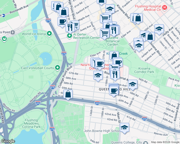 map of restaurants, bars, coffee shops, grocery stores, and more near 134-28 Booth Memorial Avenue in Queens