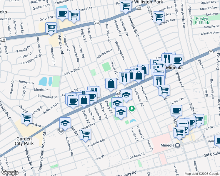 map of restaurants, bars, coffee shops, grocery stores, and more near 314 Saville Road in Mineola