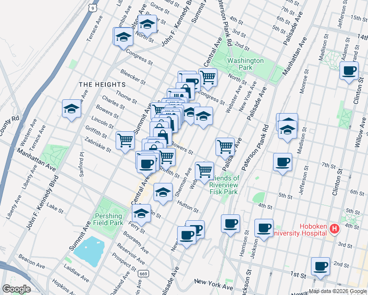 map of restaurants, bars, coffee shops, grocery stores, and more near 131 Cambridge Avenue in Jersey City