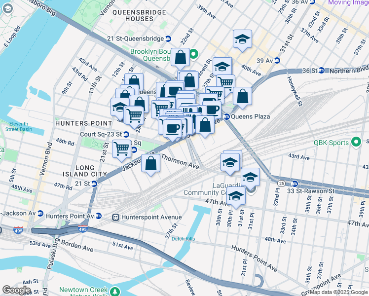 map of restaurants, bars, coffee shops, grocery stores, and more near 44-31 Purves Street in Queens
