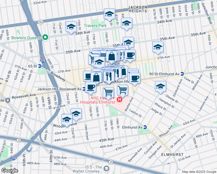 map of restaurants, bars, coffee shops, grocery stores, and more near in Queens