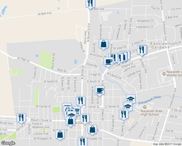 map of restaurants, bars, coffee shops, grocery stores, and more near 135 East High Street in Nazareth