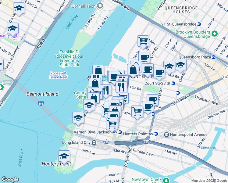 map of restaurants, bars, coffee shops, grocery stores, and more near 5-25 46th Avenue in Queens