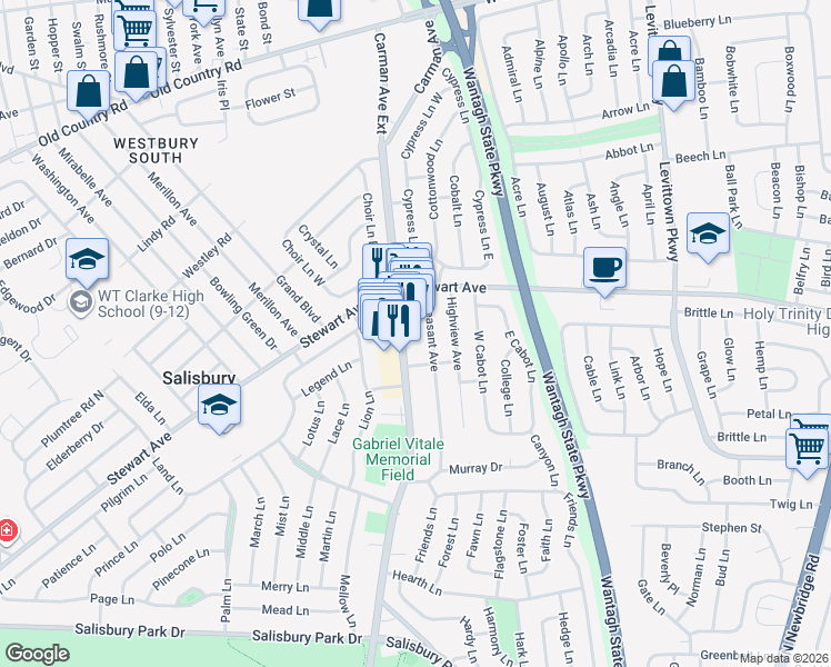 map of restaurants, bars, coffee shops, grocery stores, and more near 796 Carman Avenue in Westbury