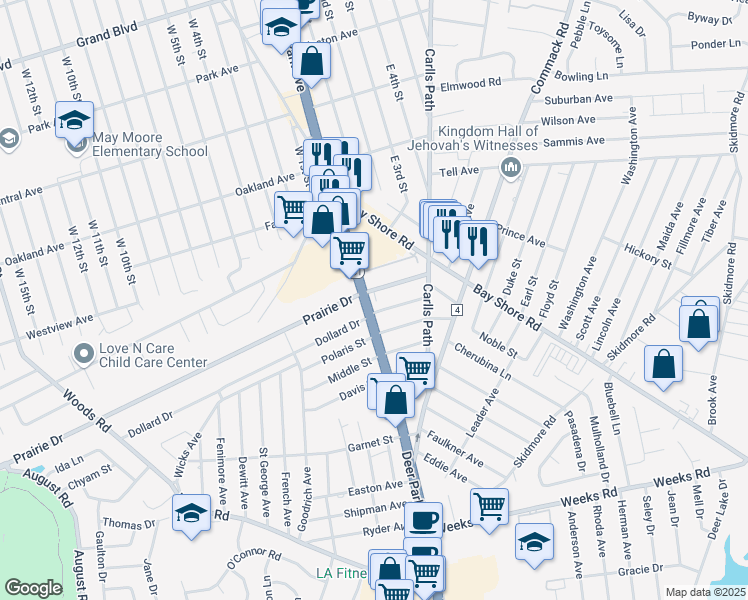 map of restaurants, bars, coffee shops, grocery stores, and more near 515 Lombard Street in North Babylon