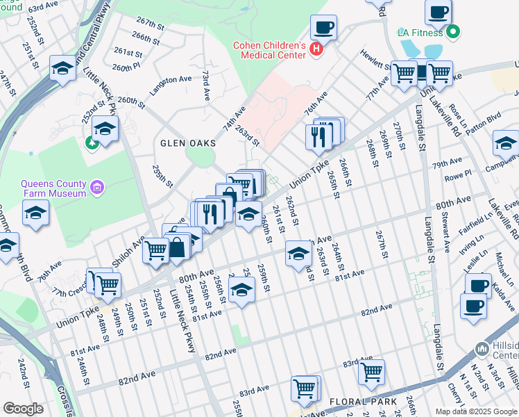 map of restaurants, bars, coffee shops, grocery stores, and more near Union Turnpike & 260th St in Queens