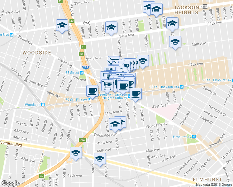 map of restaurants, bars, coffee shops, grocery stores, and more near 7232 Broadway in Queens