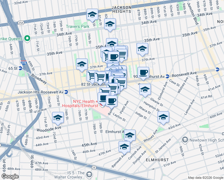 map of restaurants, bars, coffee shops, grocery stores, and more near in Queens