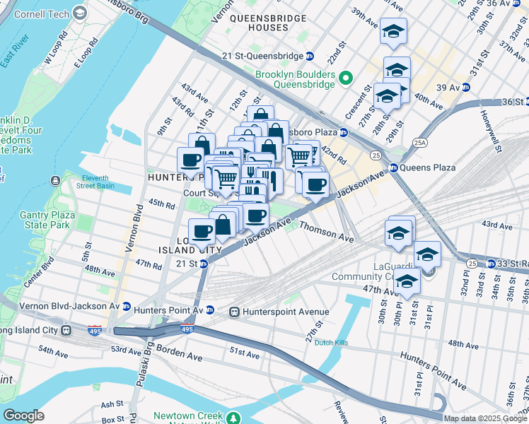 map of restaurants, bars, coffee shops, grocery stores, and more near 21-51 44th Drive in Queens