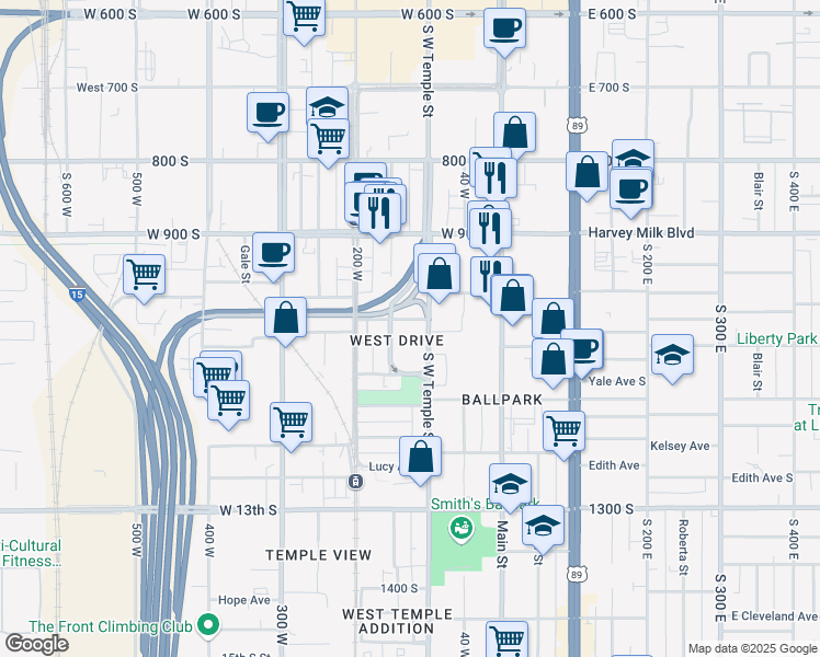 map of restaurants, bars, coffee shops, grocery stores, and more near 987 South West Temple in Salt Lake City