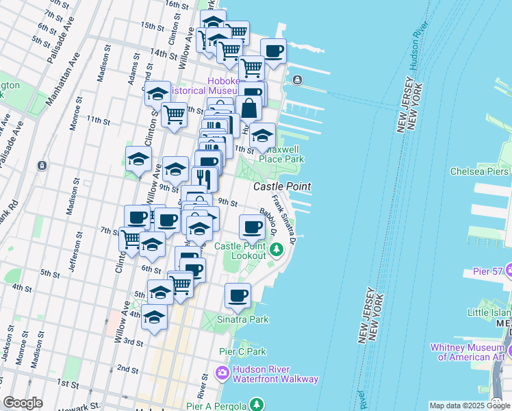 map of restaurants, bars, coffee shops, grocery stores, and more near 2 9th Street in Hoboken