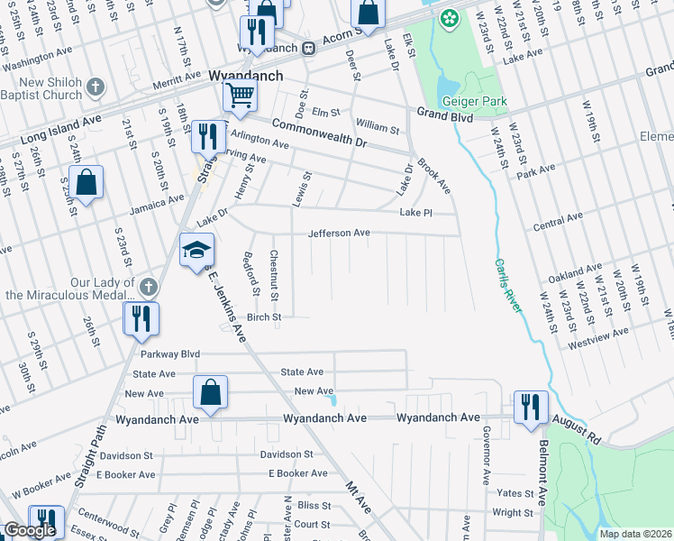 map of restaurants, bars, coffee shops, grocery stores, and more near 13 Cypress Street in Wyandanch