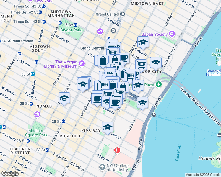 map of restaurants, bars, coffee shops, grocery stores, and more near 162 East 36th Street in New York