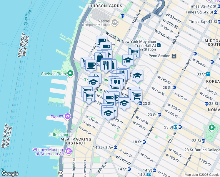 map of restaurants, bars, coffee shops, grocery stores, and more near 450 West 23rd Street in New York