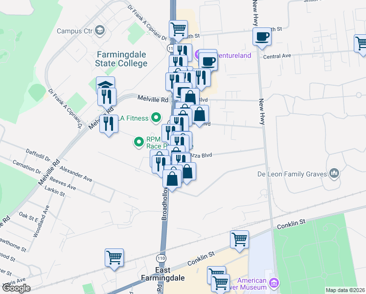 map of restaurants, bars, coffee shops, grocery stores, and more near 15 Gazza Boulevard in Farmingdale