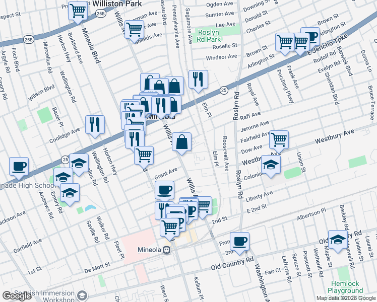 map of restaurants, bars, coffee shops, grocery stores, and more near in Mineola