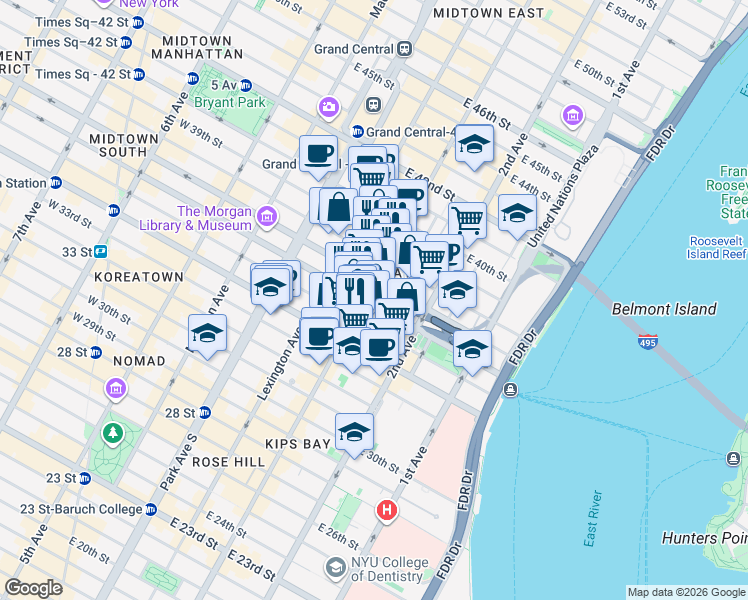 map of restaurants, bars, coffee shops, grocery stores, and more near in New York