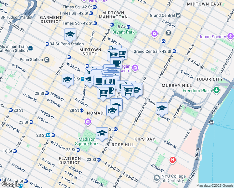map of restaurants, bars, coffee shops, grocery stores, and more near 164 Madison Avenue in New York