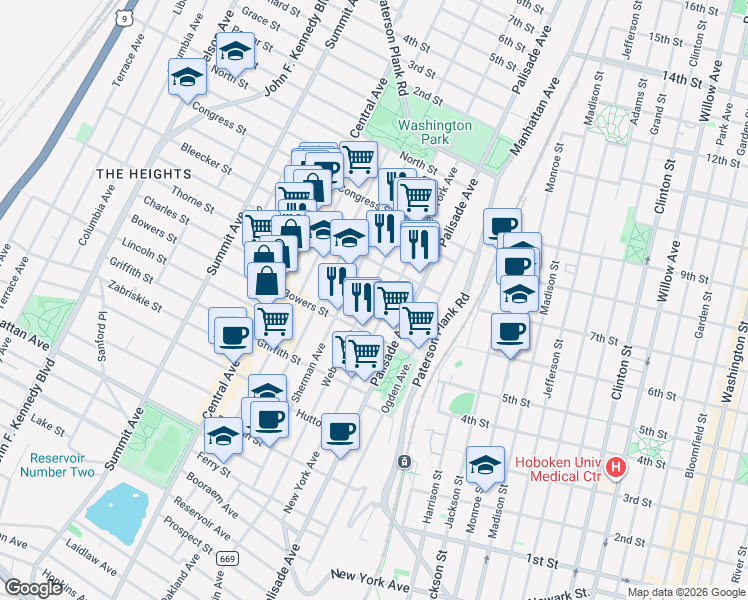 map of restaurants, bars, coffee shops, grocery stores, and more near 263 Webster Avenue in Jersey City