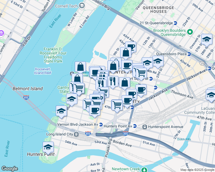 map of restaurants, bars, coffee shops, grocery stores, and more near 45-40 Vernon Boulevard in Queens