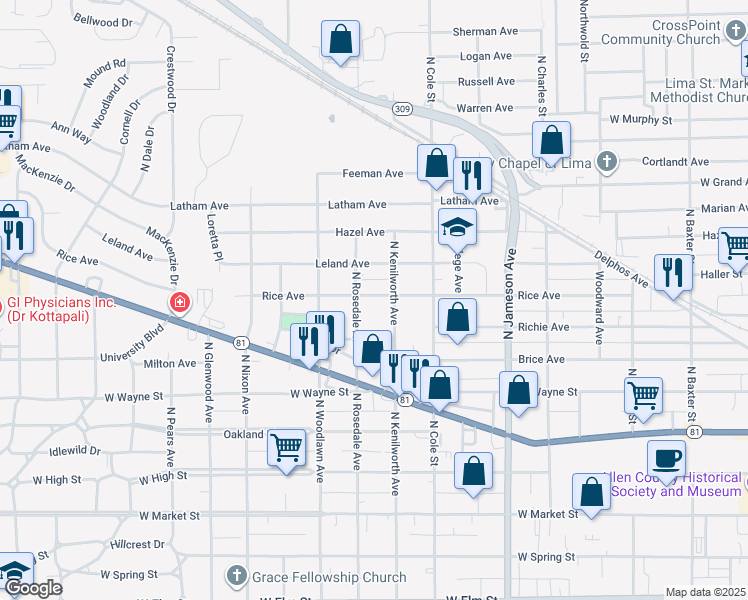 map of restaurants, bars, coffee shops, grocery stores, and more near 1309 Rice Avenue in Lima