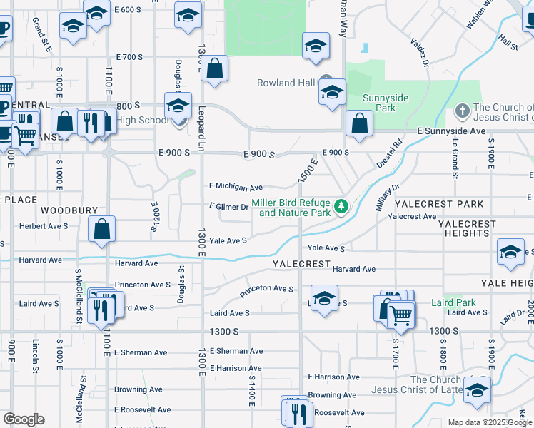 map of restaurants, bars, coffee shops, grocery stores, and more near 1421 East Gilmer Drive in Salt Lake City