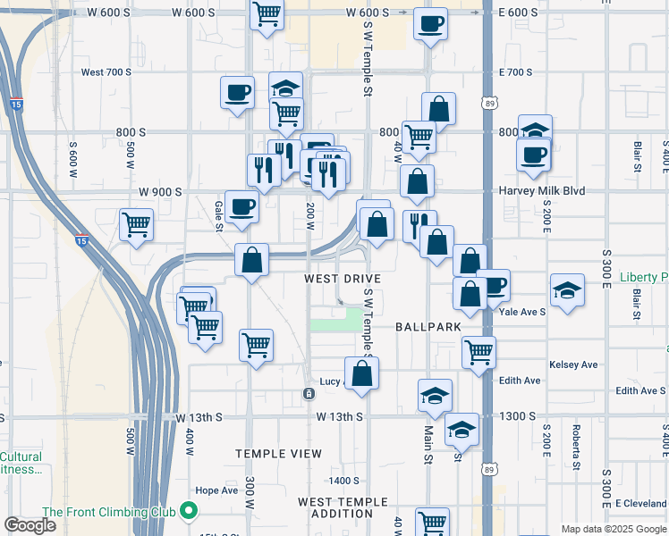 map of restaurants, bars, coffee shops, grocery stores, and more near 140 Mead Avenue South in Salt Lake City