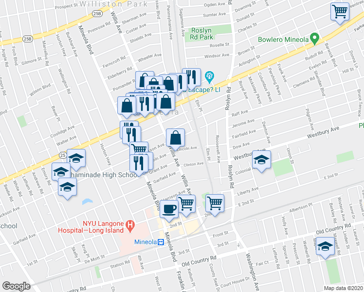 map of restaurants, bars, coffee shops, grocery stores, and more near in Mineola