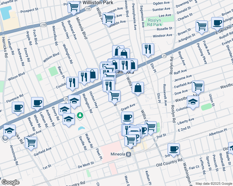 map of restaurants, bars, coffee shops, grocery stores, and more near 188 Jefferson Avenue in Mineola