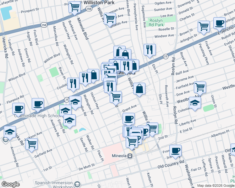 map of restaurants, bars, coffee shops, grocery stores, and more near 188 Jefferson Avenue in Mineola