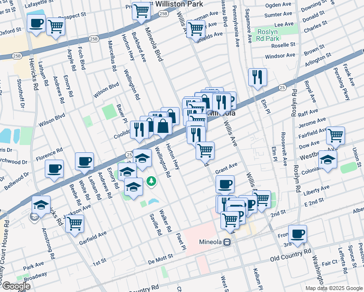map of restaurants, bars, coffee shops, grocery stores, and more near 212 Washington Avenue in Mineola