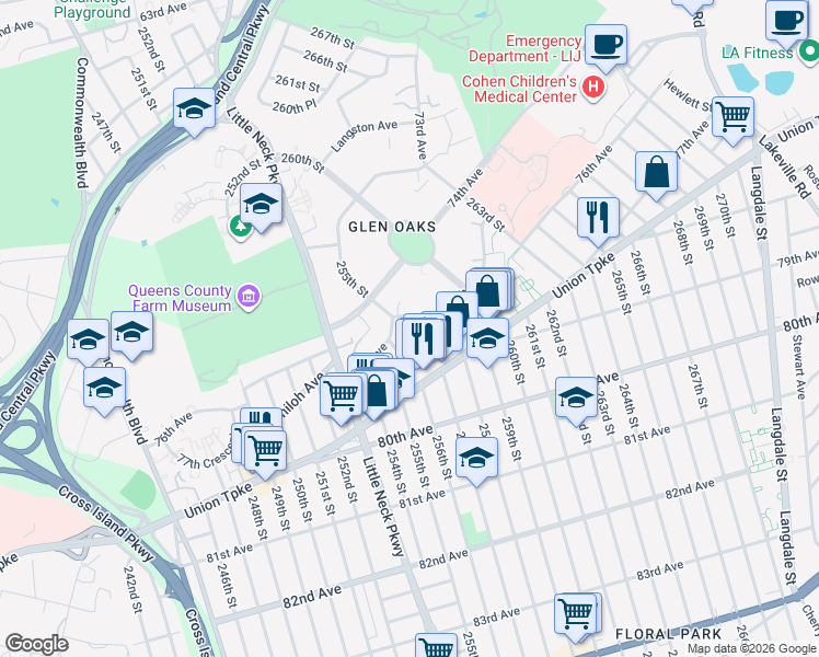 map of restaurants, bars, coffee shops, grocery stores, and more near 255-1 75th Avenue in Queens