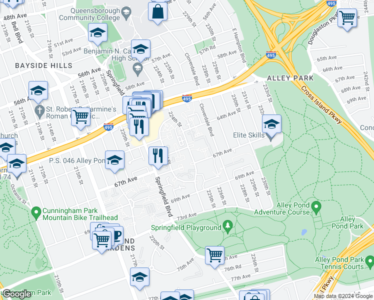 map of restaurants, bars, coffee shops, grocery stores, and more near 64-39 224 Street in Queens