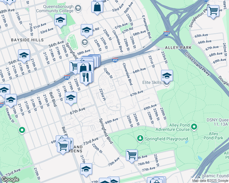 map of restaurants, bars, coffee shops, grocery stores, and more near 64-39 224 Street in Queens