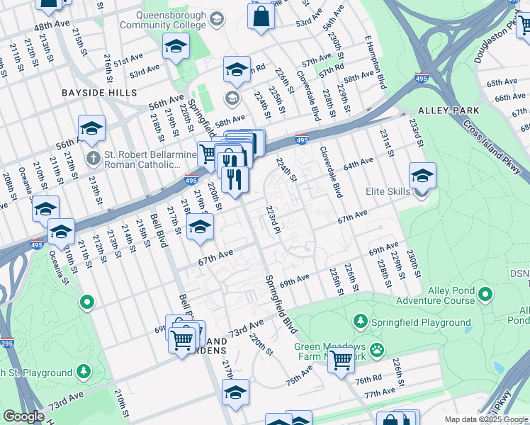 map of restaurants, bars, coffee shops, grocery stores, and more near 221-22 64th Avenue in Queens