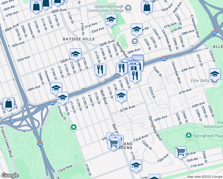 map of restaurants, bars, coffee shops, grocery stores, and more near 61-10 218th Street in Queens