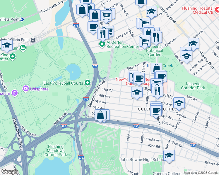 map of restaurants, bars, coffee shops, grocery stores, and more near 132-03 57th Avenue in Queens