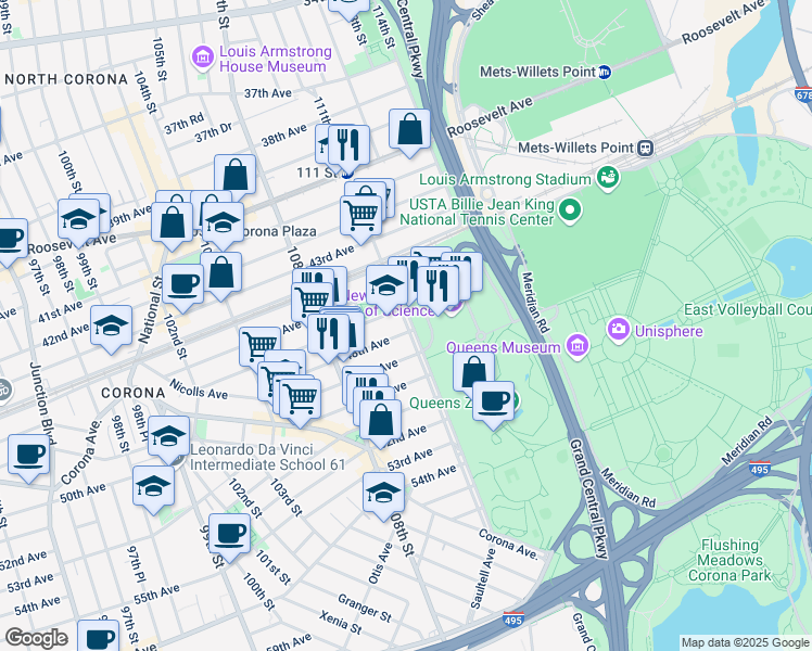 map of restaurants, bars, coffee shops, grocery stores, and more near 47-02 111th Street in Queens