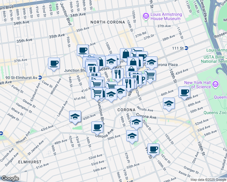 map of restaurants, bars, coffee shops, grocery stores, and more near 98-12 41st Avenue in Queens