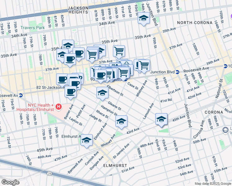 map of restaurants, bars, coffee shops, grocery stores, and more near in Queens