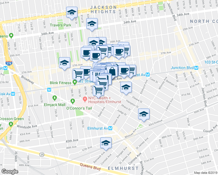 map of restaurants, bars, coffee shops, grocery stores, and more near 83-20 Roosevelt Avenue in Queens