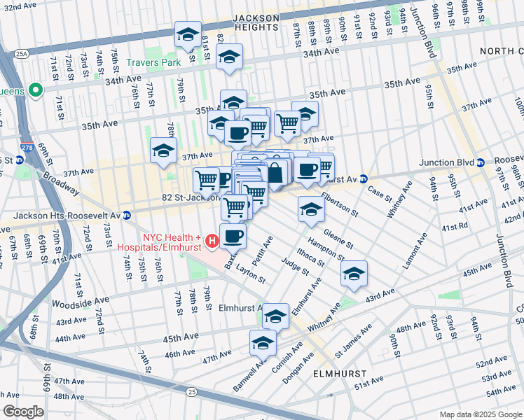map of restaurants, bars, coffee shops, grocery stores, and more near 83-20 Roosevelt Avenue in Queens