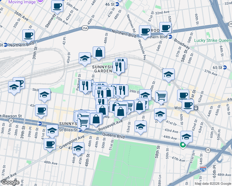 map of restaurants, bars, coffee shops, grocery stores, and more near 39-49 50th Street in Queens