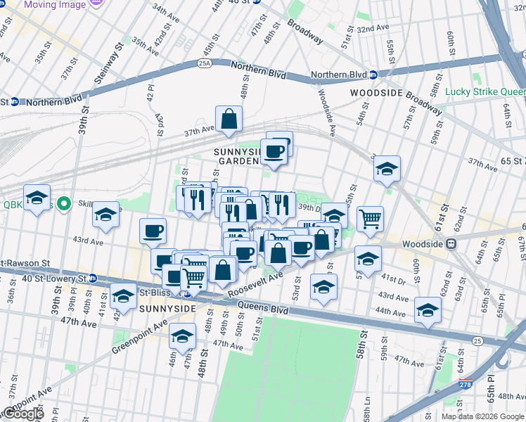map of restaurants, bars, coffee shops, grocery stores, and more near 39-49 50th Street in Queens